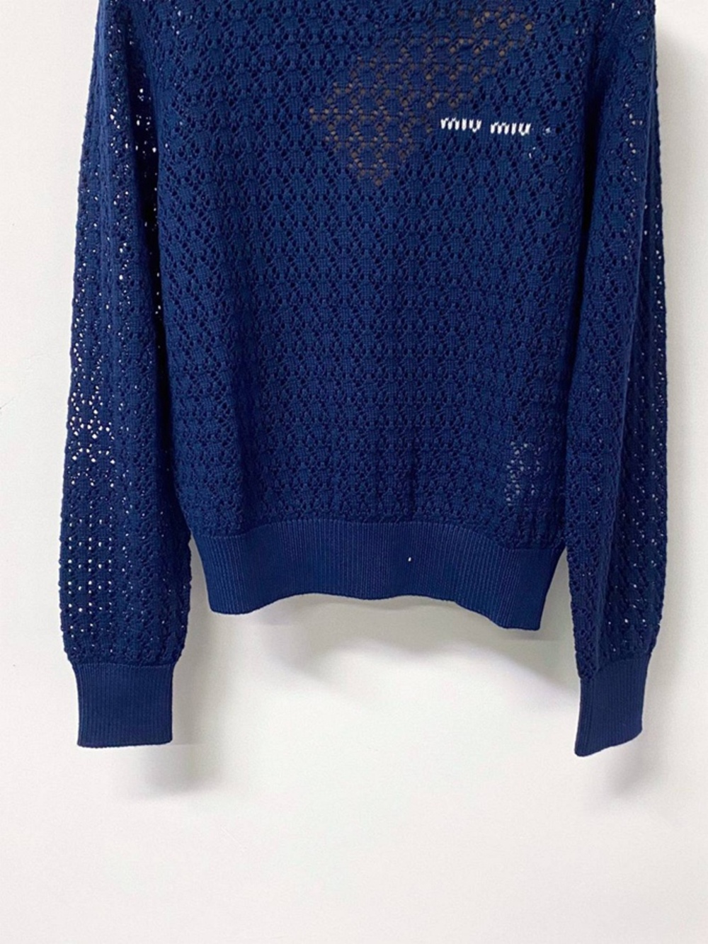 Miu Miu Navy Hollow Lace Knit Cropped Long Sleeve Blouse - Picture 4 of 5